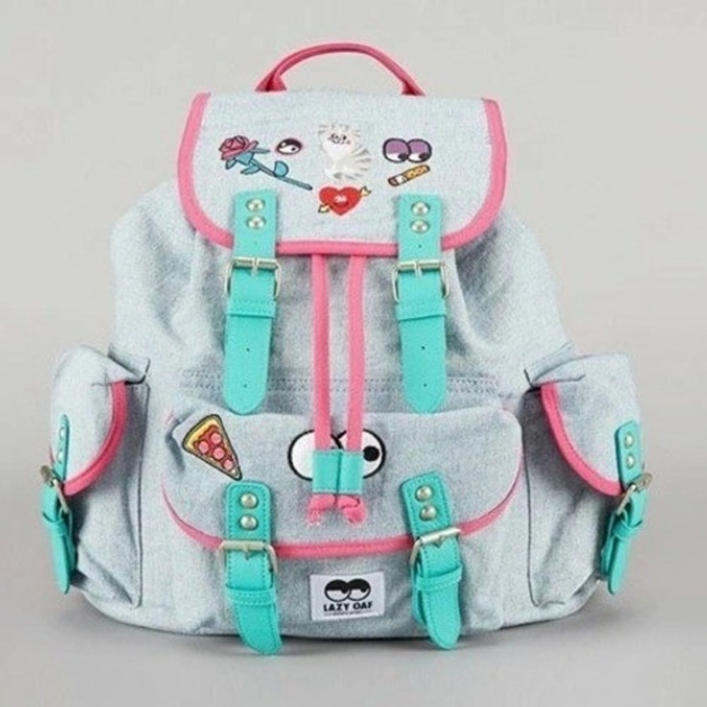 Lazy Oaf Denim Backpack Embroidered Patches Cat Pizza Y2K